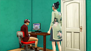 Asian stepmom catches her stepson again masturbating in his room watching a porn movie in front of the computer and she decided to help him wide of having sex with him